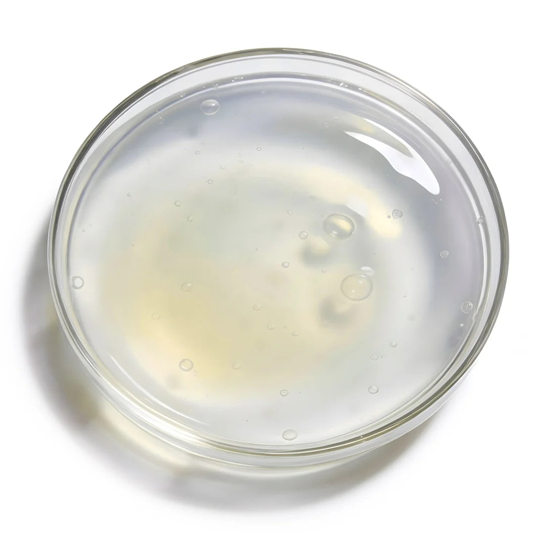 Translucent ceramide-inspired liquid with fine bubbles in a glass petri dish for Yelf Aging Bye Bye Ceramide Night Cream