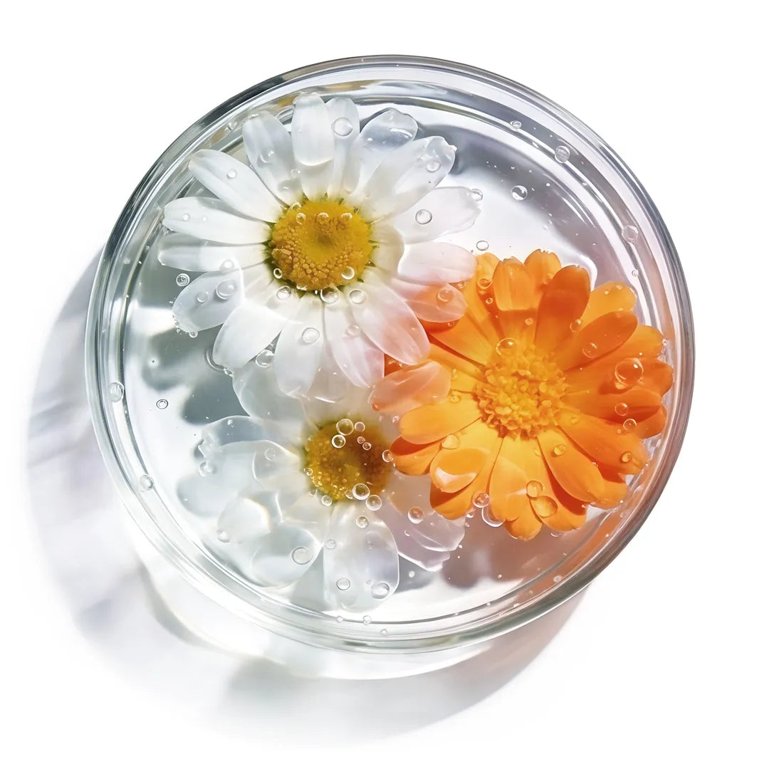 Chamomile and calendula flowers submerged in water inside a glass petri dish on a white background, representing Yelf Clean Affairs Cleansing Foam ingredients