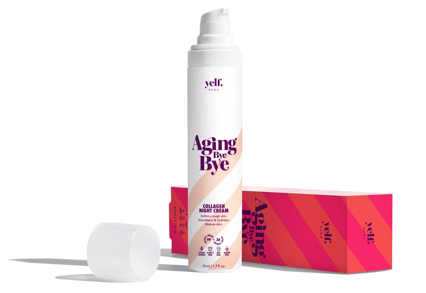 Yelf collagen night cream for mature skin, firming anti-aging moisturiser with packaging on white background