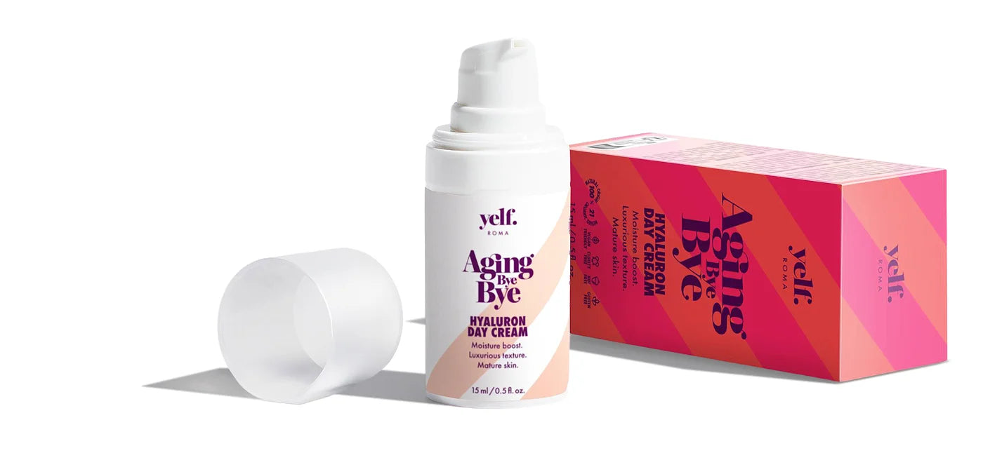 Yelf Aging Bye Bye Hyaluron Day Cream with box, moisture-boosting daily care for smooth and plump skin