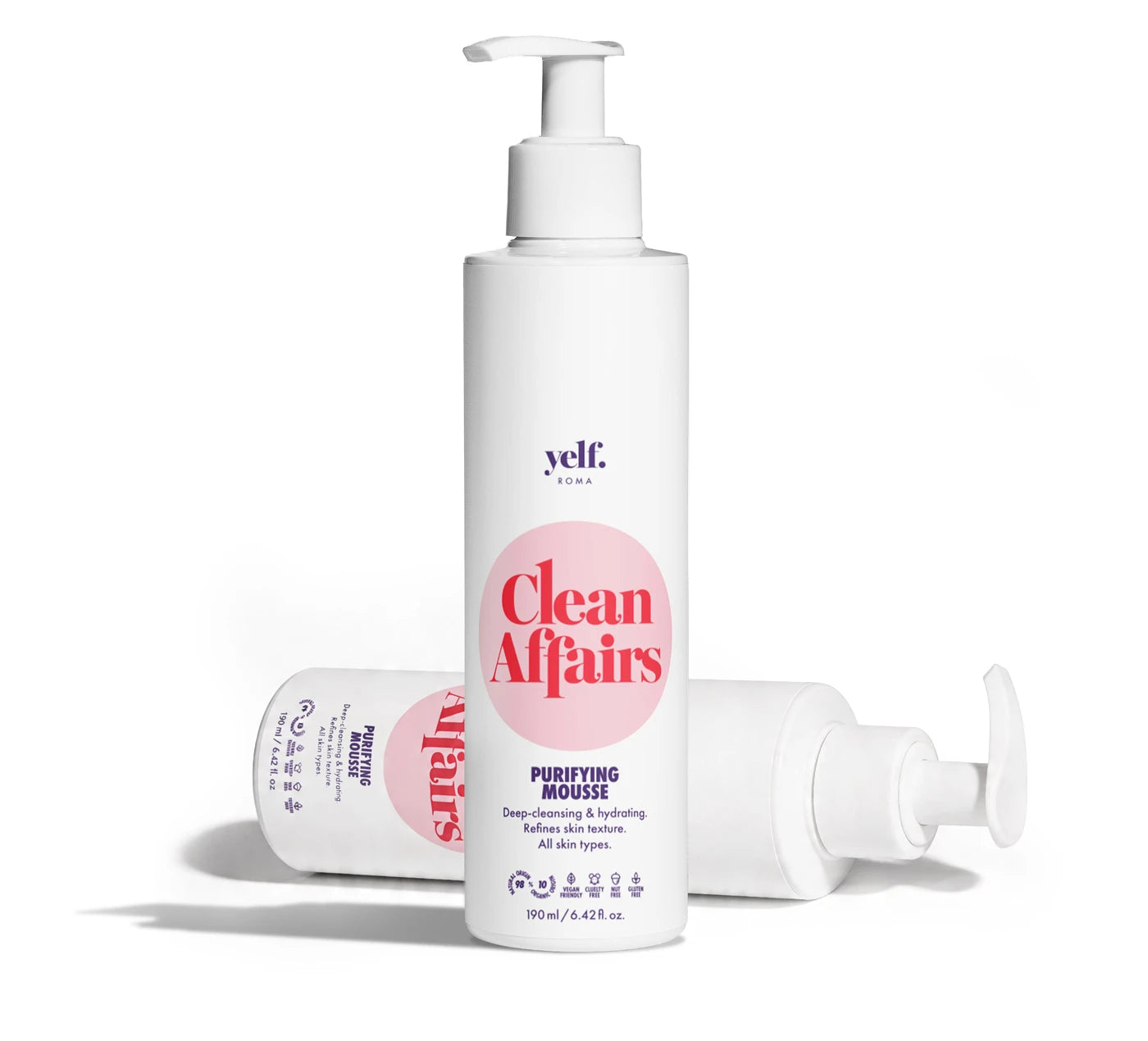 Yelf Clean Affairs Purifying Mousse with pump, deep cleansing facial foam that removes impurities and refines skin texture