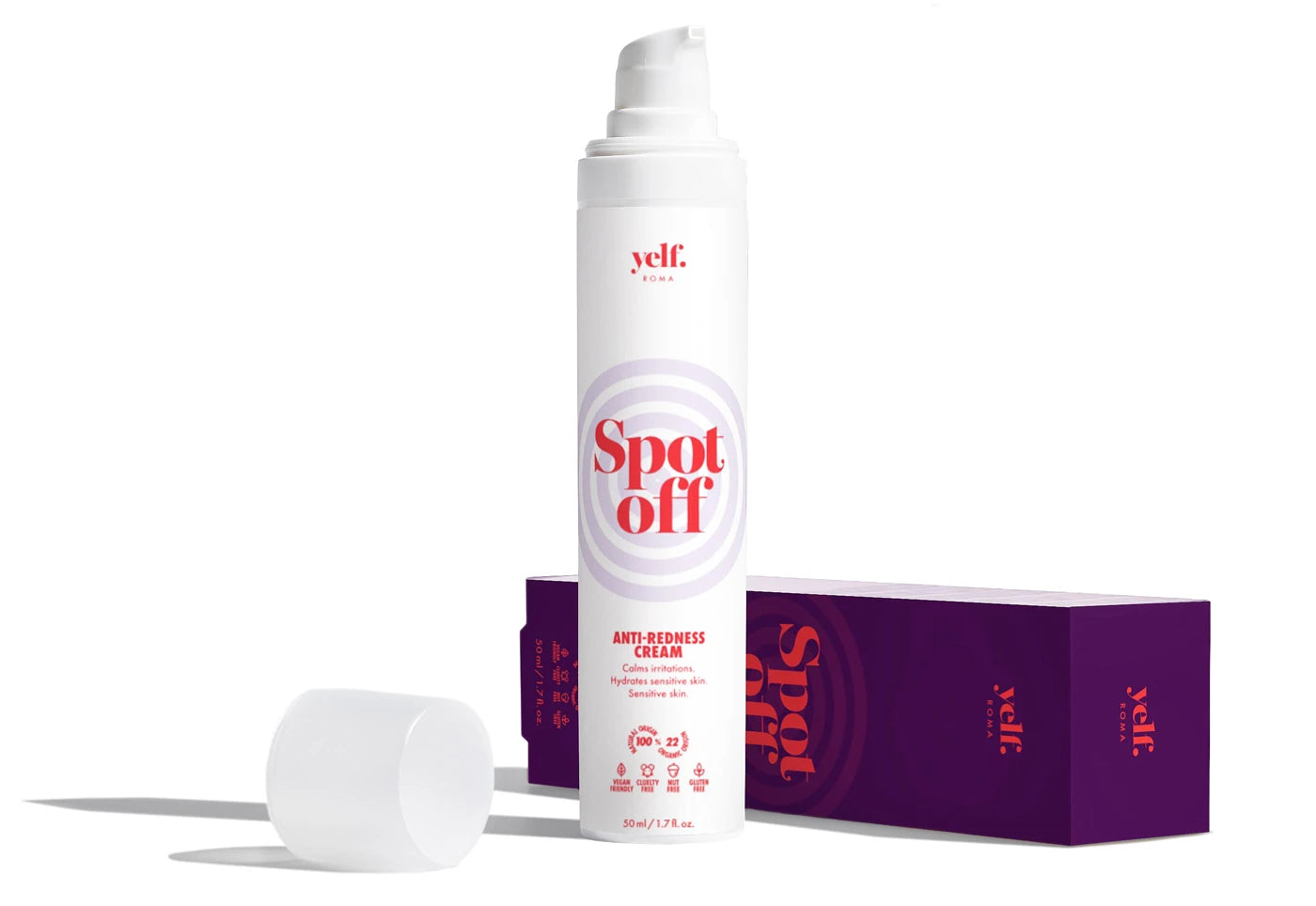 Yelf Spot Off Anti-Redness Cream with box, soothing skincare that calms irritation and hydrates sensitive skin.