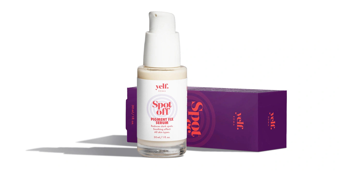 Yelf Spot Off Pigment Fix Serum with box, targeted skincare that helps reduce dark spots and improve skin clarity