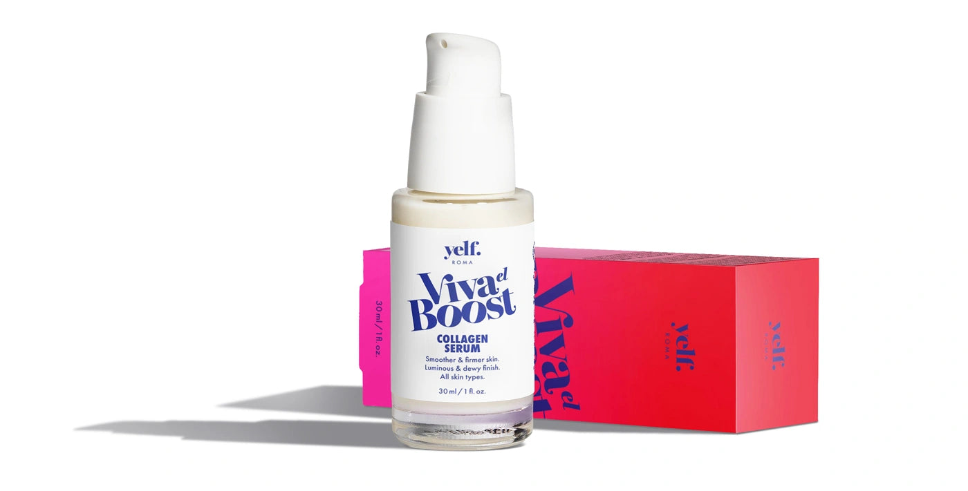 Yelf Viva el Boost Collagen Serum with box, smoothing skincare that supports firmer and more radiant-looking skin