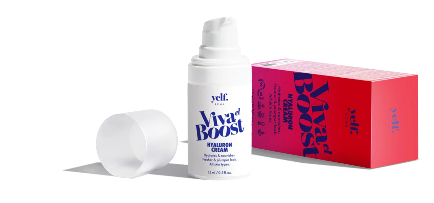 Yelf Viva el Boost Hyaluron Cream with box, moisture-boosting skincare for hydrated and plump-looking skin