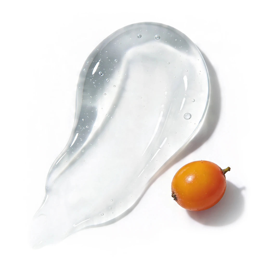 Clear gel texture with sea buckthorn berry on a bright white background, representing Yelf Aging Bye Bye Vitamin-C Serum