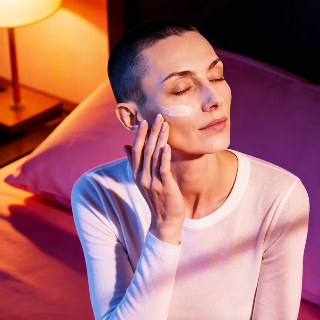 Woman applying night cream in a softly lit bedroom with pink and blue ambient lighting during an evening skincare routine.