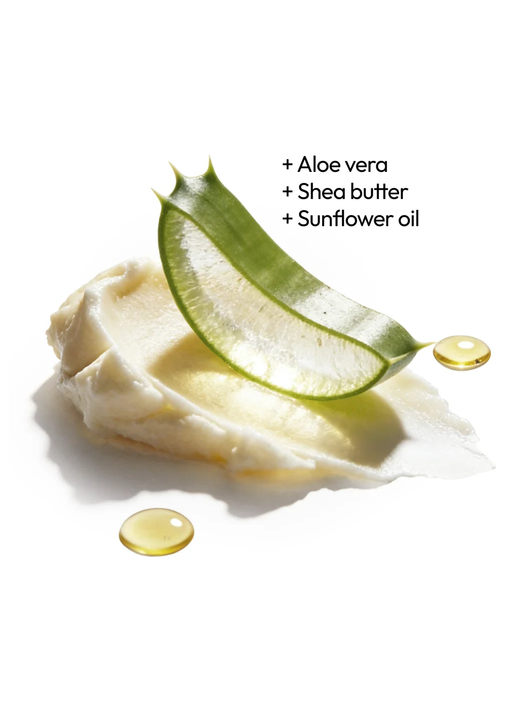 Top view of aloe vera, shea butter and sunflower oil with a rich cream texture and glossy oil droplets, illustrating key ingredients used in Yelf Collagen Night Cream