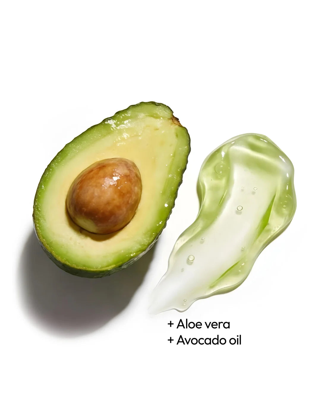 Top view of aloe vera gel and avocado oil with a fresh, lightweight texture on a bright background, illustrating key ingredients used in Yelf Hyaluron Day Cream