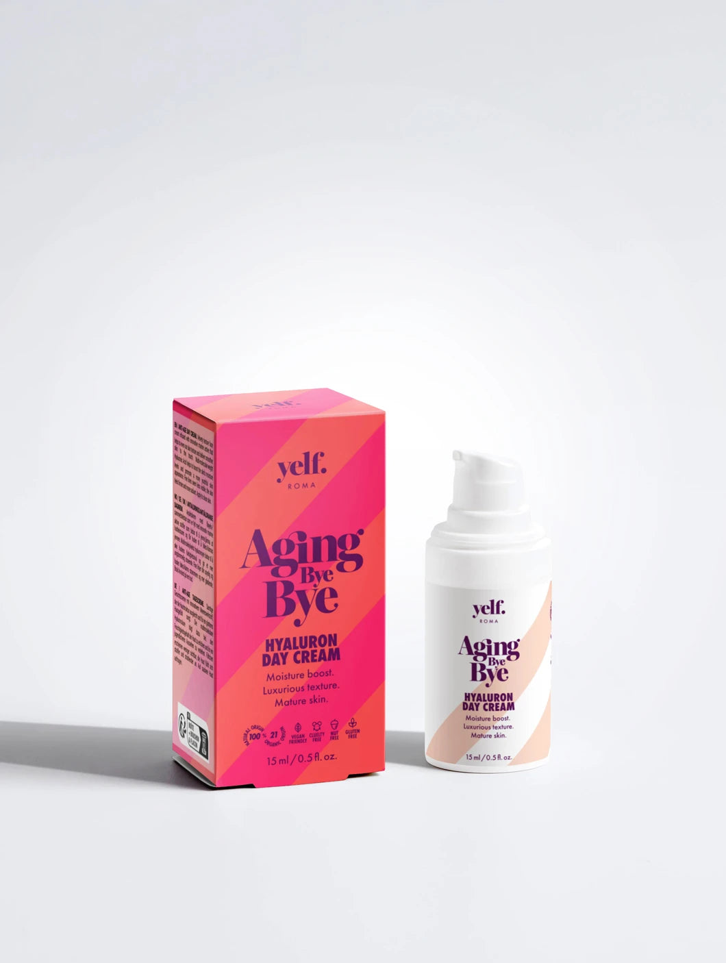 Yelf Aging Bye Bye Hyaluron Day Cream main product image with packaging and airless dispenser on a light background
