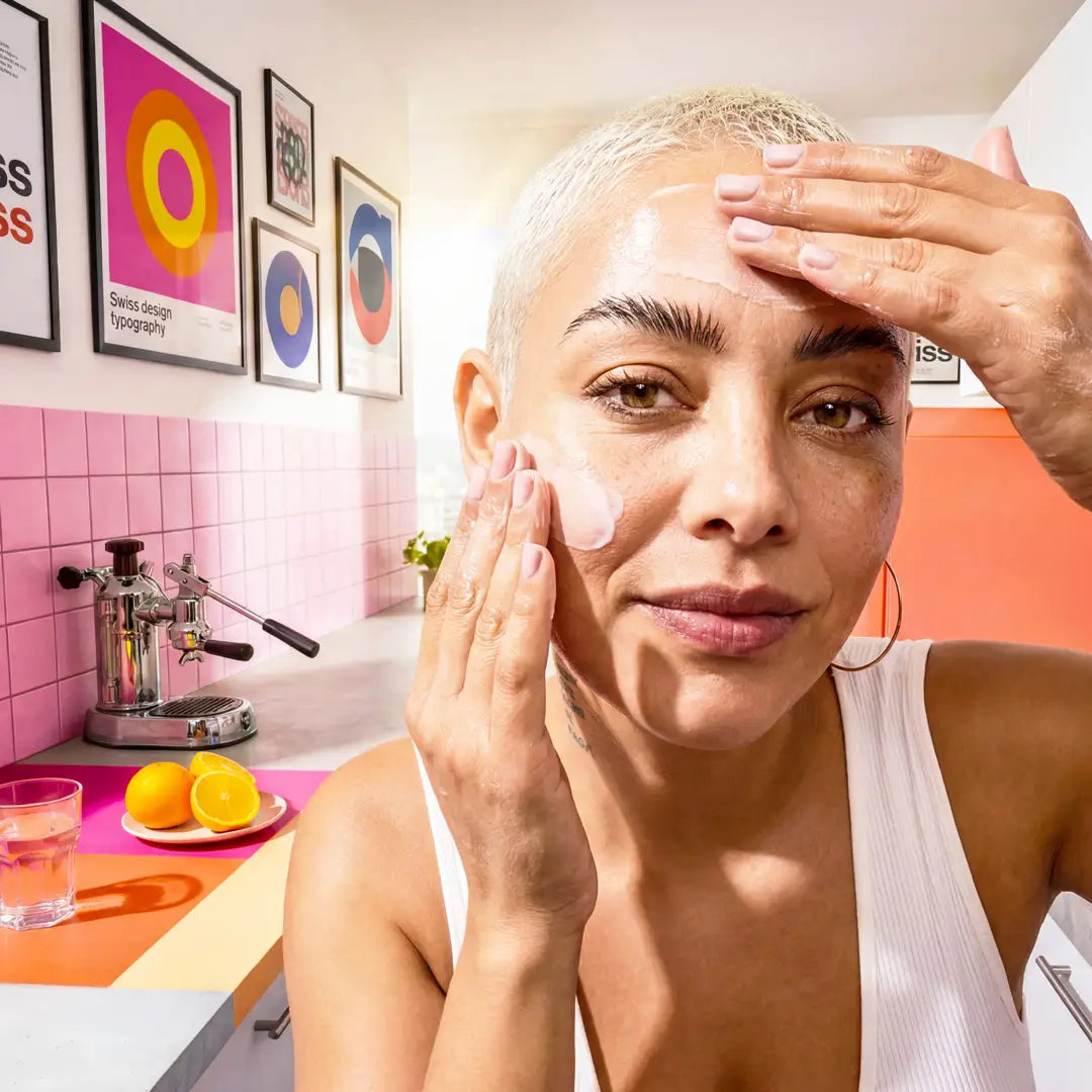 Woman applying Yelf Aging Bye Bye Hyaluron Eye Cream in a bright modern kitchen with pink tiles, fresh citrus fruits and natural daylight.