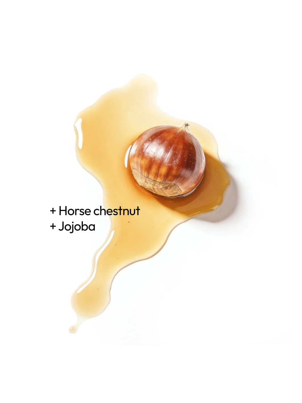 Top view of horse chestnut and jojoba oil in a light amber liquid texture, illustrating key ingredients used in Yelf Aging Bye Bye Hyaluron Eye Cream