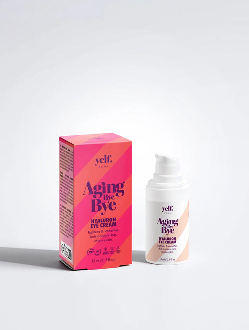 Yelf Aging Bye Bye Hyaluron Eye Cream with product box and airless pump bottle on a clean light background