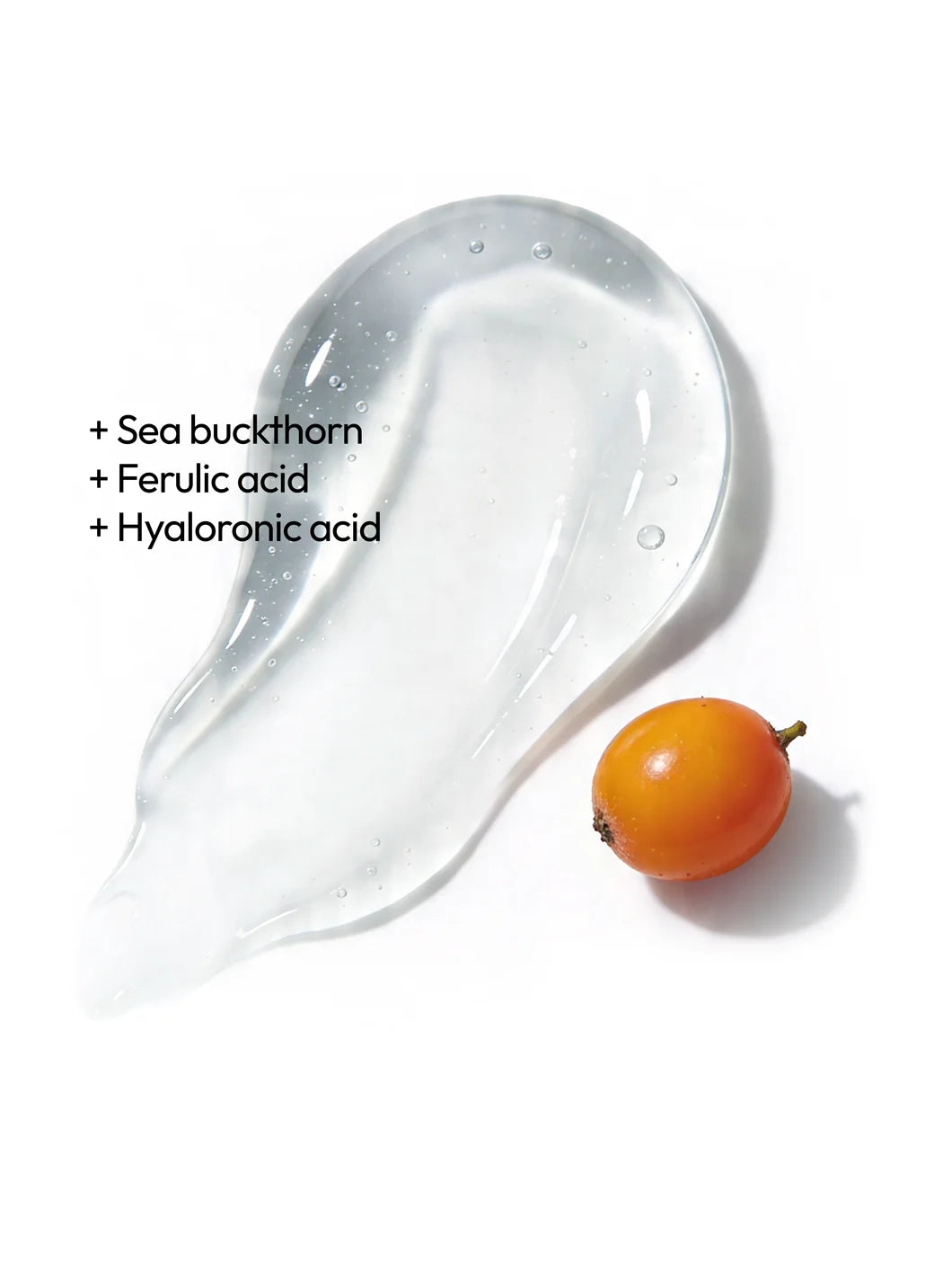 Top view of a clear gel texture with sea buckthorn, ferulic acid and hyaluronic acid, illustrating key antioxidant and hydration ingredients used in Yelf Aging Bye Bye Vitamin C Serum