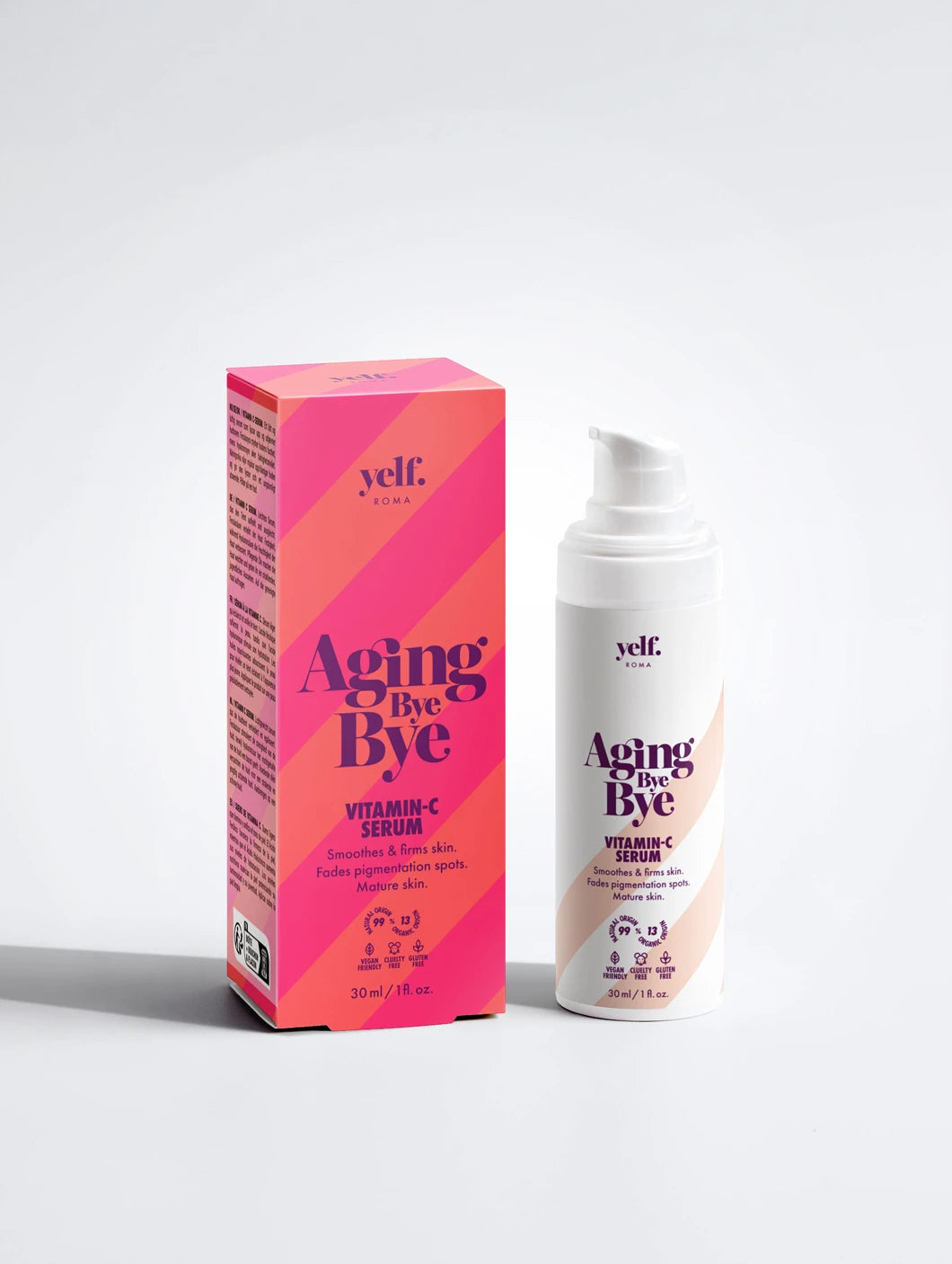 Yelf Aging Bye Bye Vitamin-C Serum with product box and airless pump bottle on a clean light background
