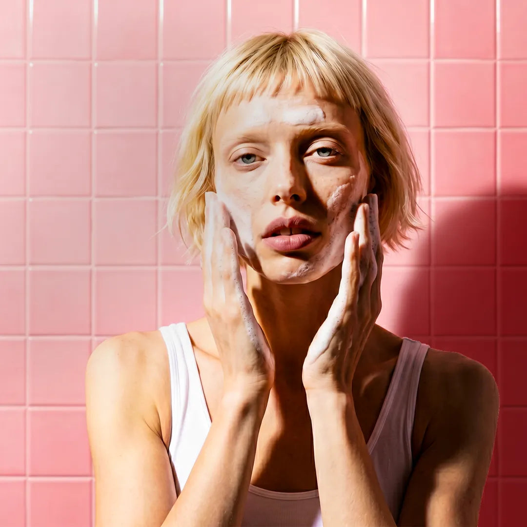 Model applying Yelf Clean Affairs Cleansing Foam with rich foam texture in front of glossy pink bathroom tiles and dramatic studio lighting.