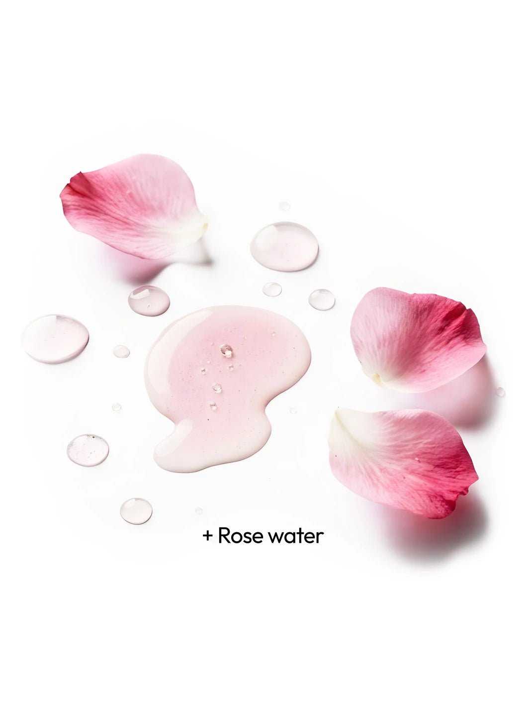 Top view of rose water with soft pink petals and light liquid droplets on a bright background, illustrating a soothing ingredient used in Yelf Clean Affairs Cleansing Foam