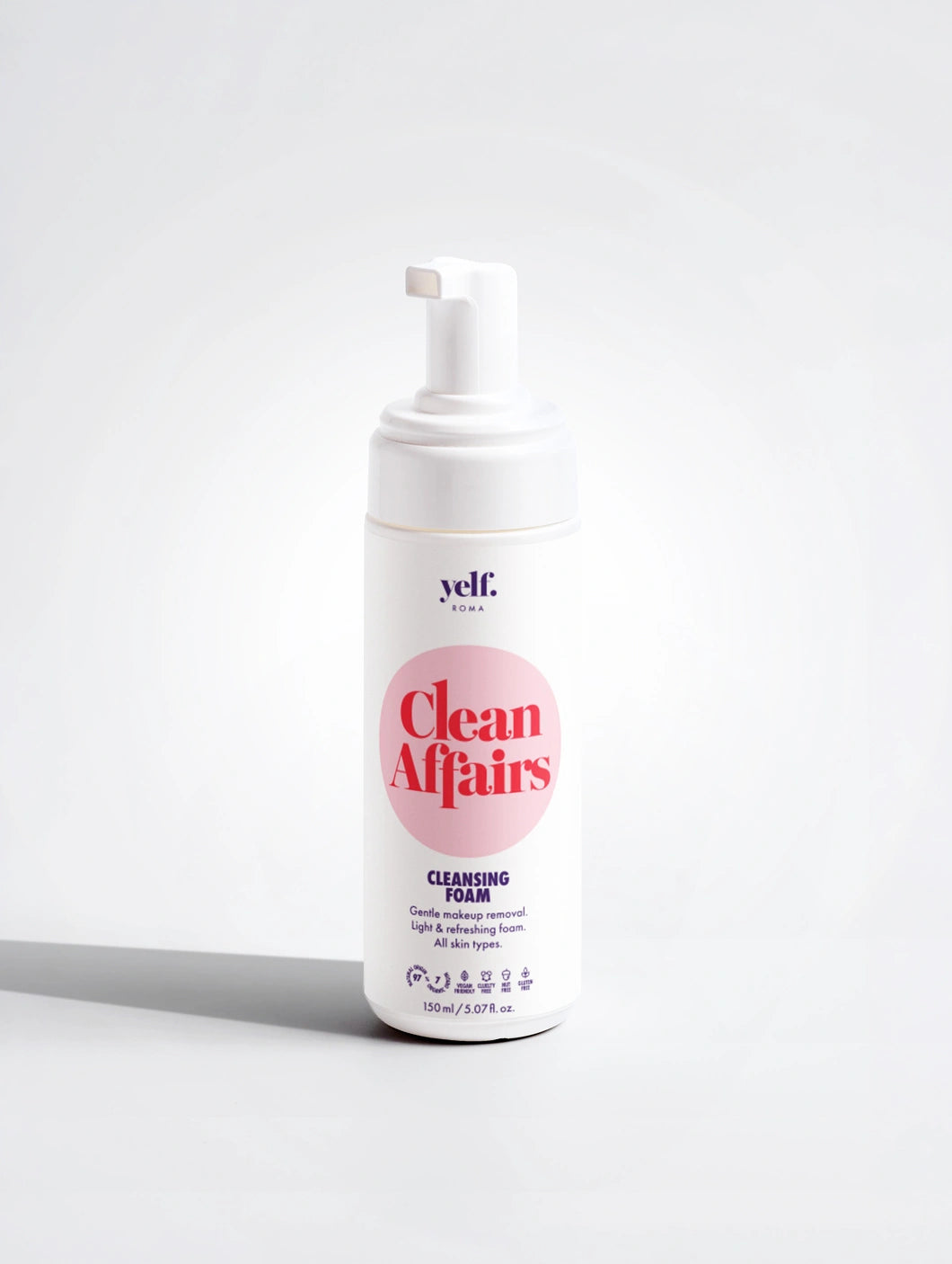 Yelf Clean Affairs Cleansing Foam with a foam pump dispenser on a light background, minimalist product shot with shadow