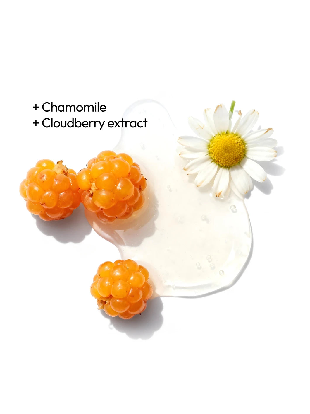 Top view of chamomile and cloudberry extract with a light gel texture, illustrating soothing and nourishing botanical ingredients used in Yelf Clean Affairs Oil-to-Milk Cleanser
