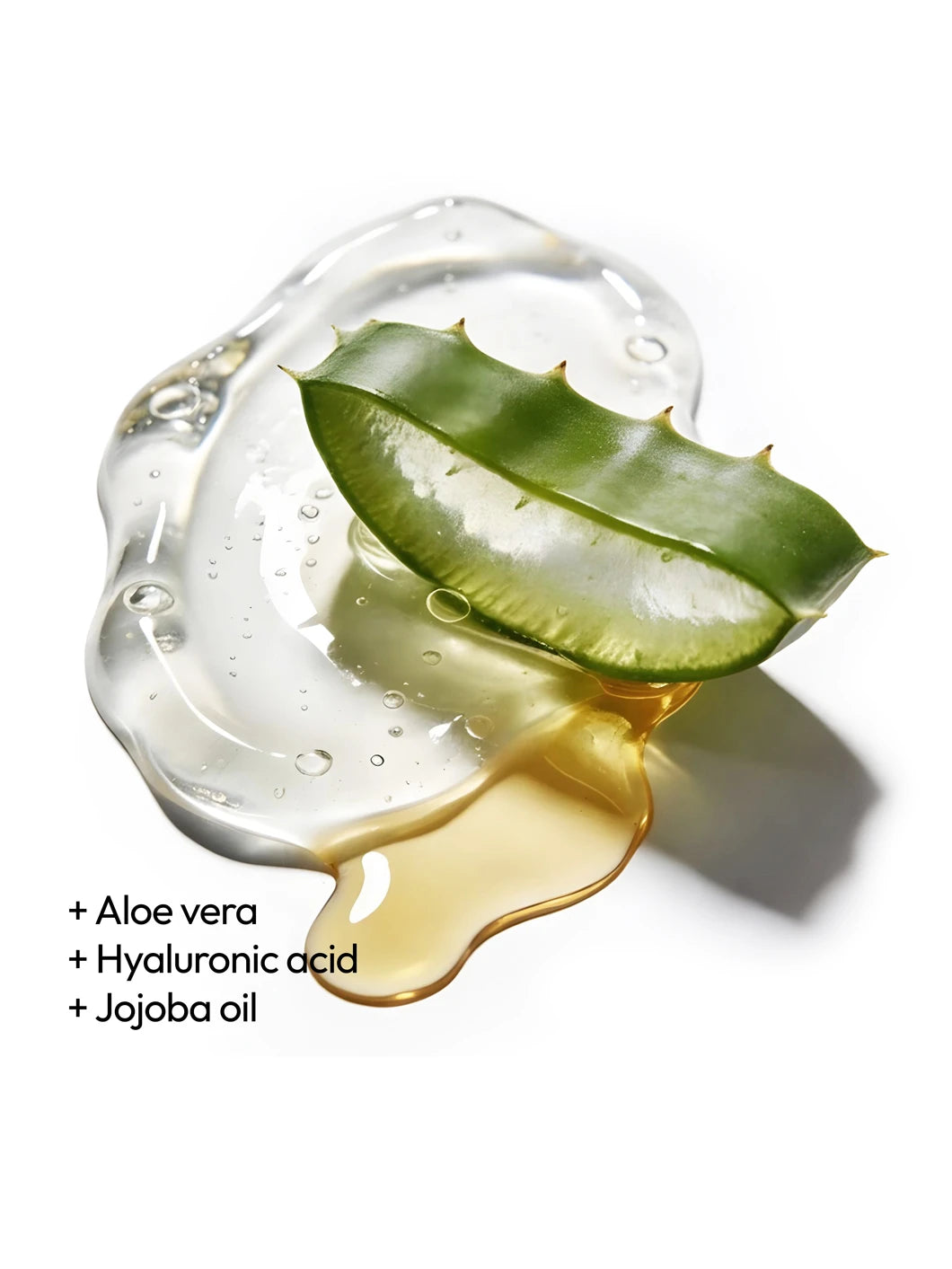 Top view of aloe vera, hyaluronic acid and jojoba oil in a lightweight gel texture, illustrating soothing and hydrating ingredients used in Yelf Spot Off Anti-Redness Cream