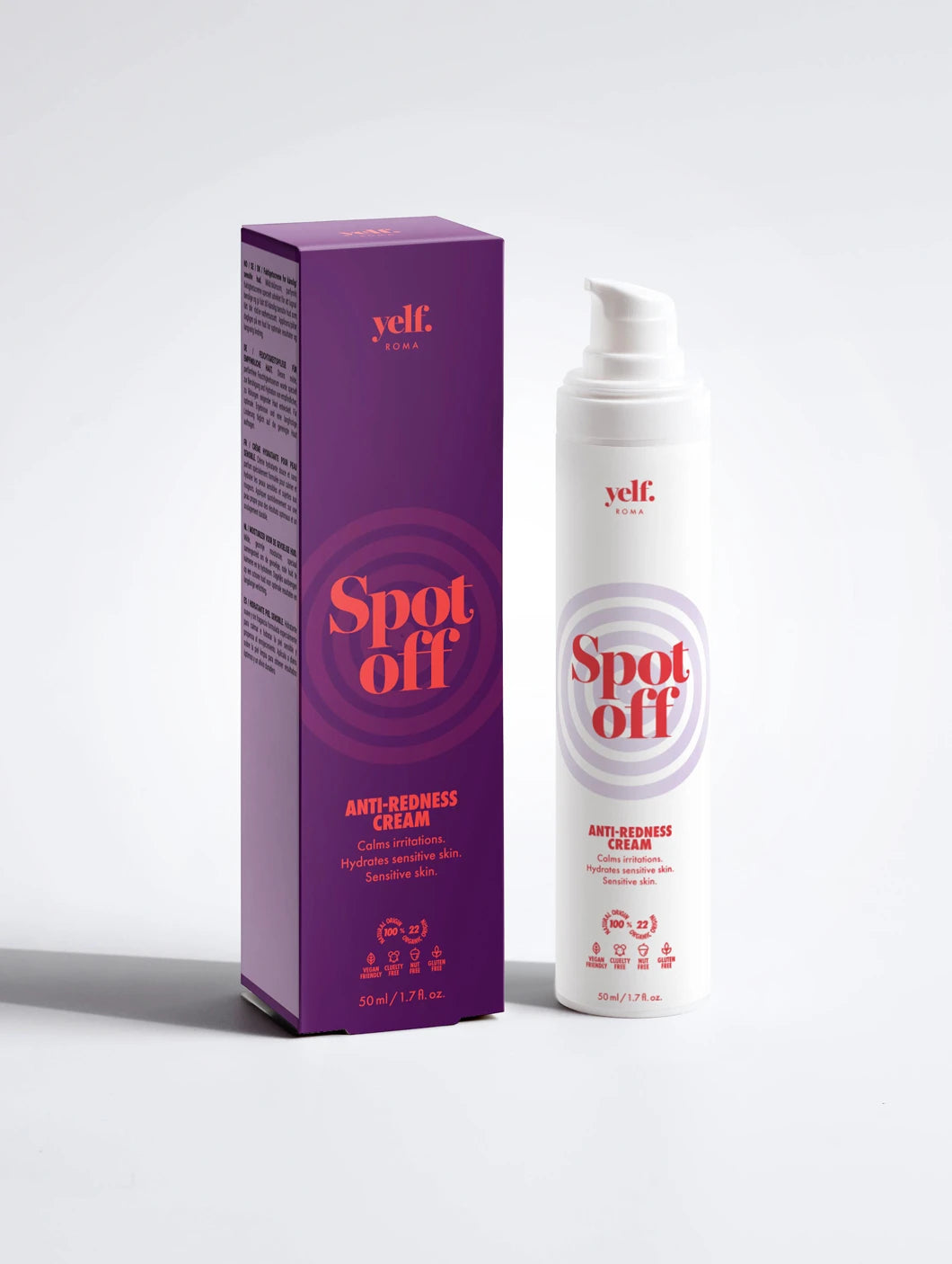 Yelf Spot Off Anti-Redness Cream with product box and airless pump bottle on a clean light background