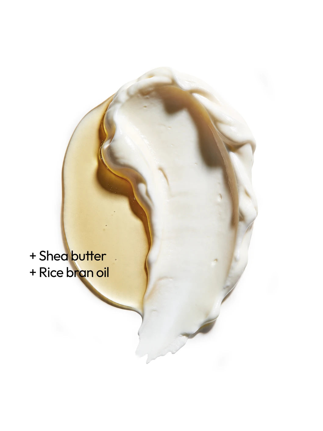 Top view of shea butter and rice bran oil in a rich cream and oil texture, illustrating nourishing and smoothing ingredients used in Yelf Spot Off Brightening Eye Cream