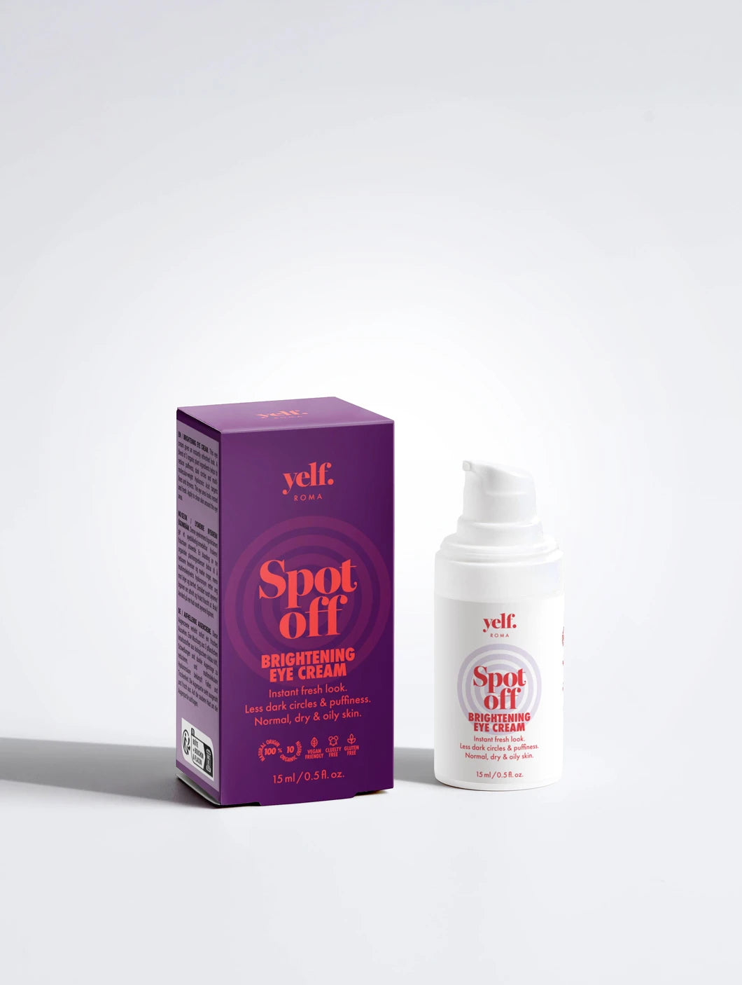 Yelf Spot Off Brightening Eye Cream with product box and airless pump bottle on a clean light background