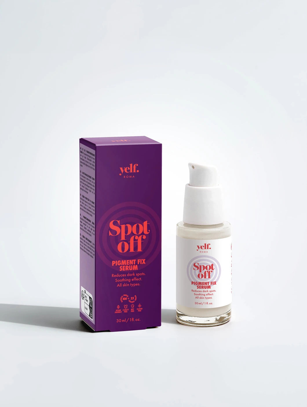 Yelf Spot Off Pigment Fix Serum with product box and airless pump bottle on a clean light background