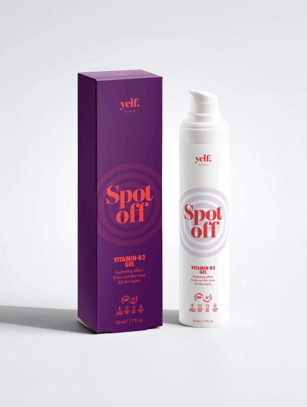 Yelf Spot Off Vitamin-B3 Gel with product box and airless pump bottle on a clean light background
