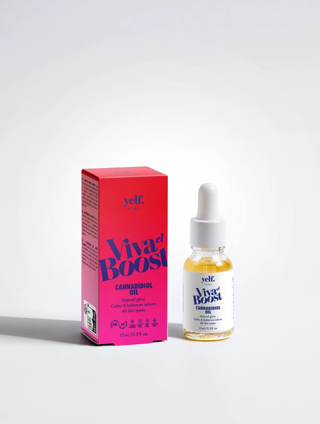 Yelf Viva el Boost Cannabidiol Oil with product box and dropper bottle, lightweight facial oil designed to calm skin and balance sebum