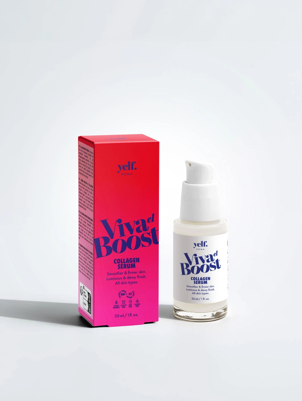 Yelf Viva el Boost Collagen Serum with product box and airless pump bottle on a clean light background