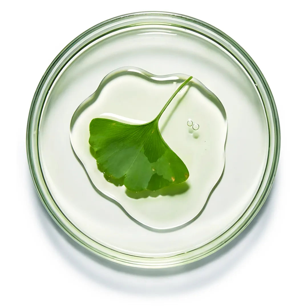 Yelf Viva el Boost Ginkgo Gel shown with a ginkgo leaf with subtle imperfections in a thin fluid layer in a petri dish, bright studio lighting, minimal skincare aesthetic