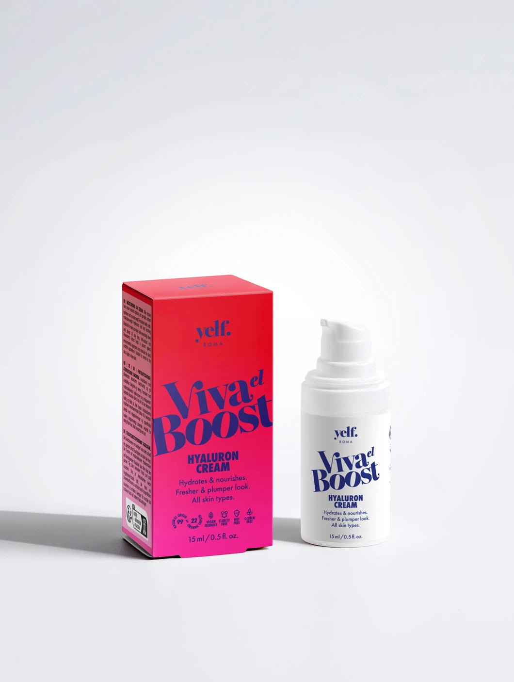 Yelf Viva el Boost Hyaluron Cream with product box and airless pump bottle on a clean light background